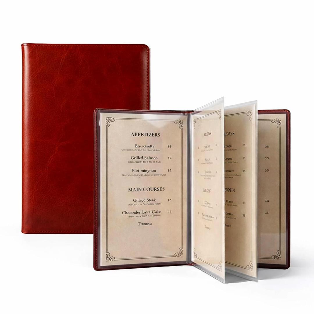 Premium Vegan Leather Menu Cover 8.5 x 11, 4 Page 8 View Menu Folder with Clear Sleeves, Restaurant Menu Holder, Portfolio Binder, Sheet Music Folder, Hotel & Guesthouse Presentation Book