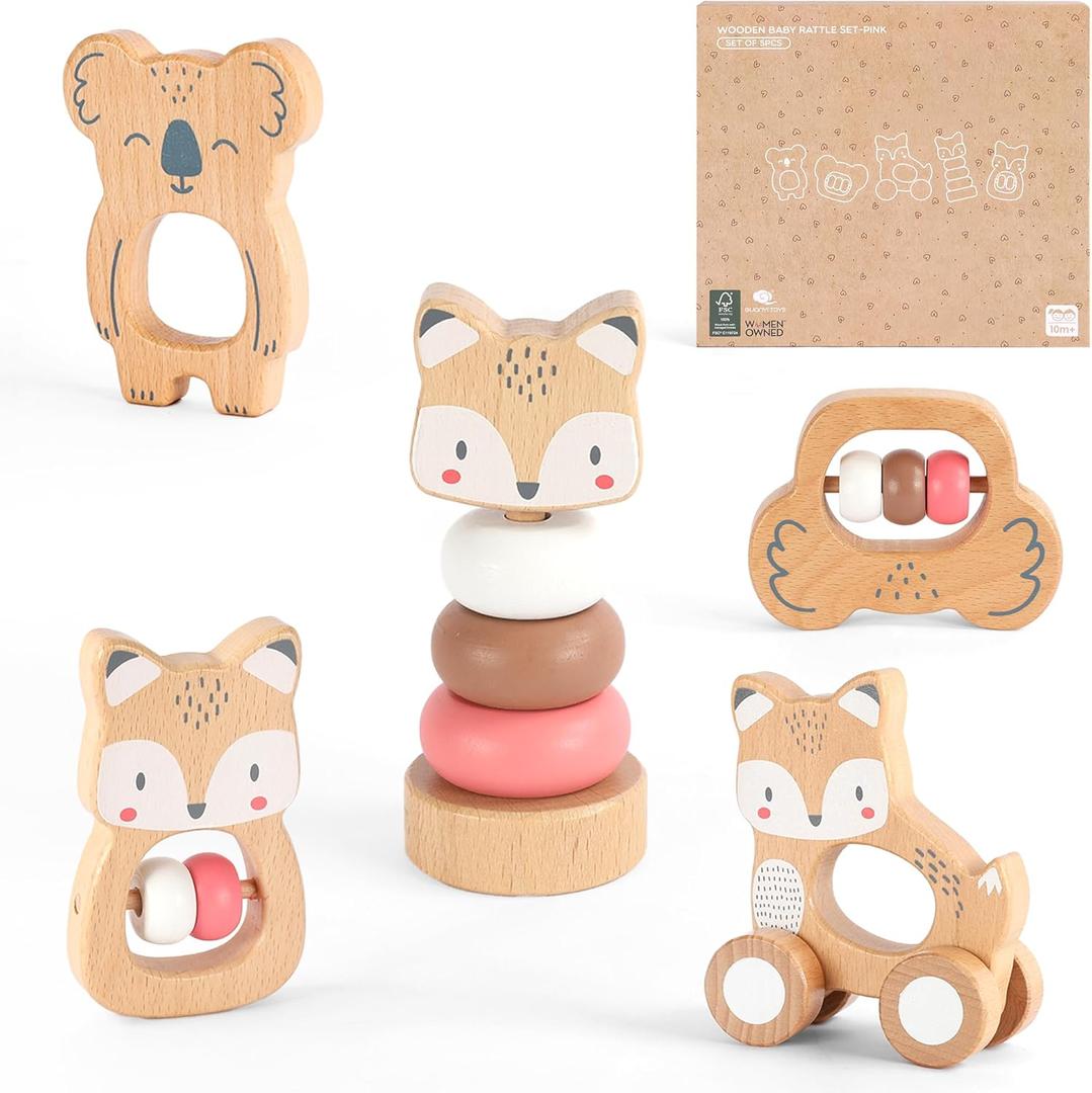 Wooden Montessori Toys, 5-Piece Wooden Baby Toys, Koala Wooden Baby Rattle, Fox Stacking Ring Baby Toys, Little Fox Wooden Baby Push and Pull Toys,Newborn Baby Gift Sets for Boys and Girls