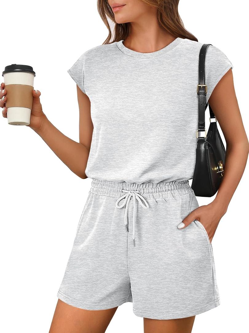 ANRABESS Rompers for Women Summer 2025 Casual Cap Sleeve Crewneck Drawstring One Piece Jumpsuit Outfits with Pockets (Medium, Light Grey)