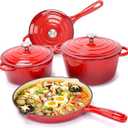 Hisencn Enameled Cast Iron Cookware Set - 7 Piece Dutch Ovens Set, Sauce Pan, Skillet, 3 Lids, Pots and Pans Set, Ceramic Coated Cast Iron, Heavy Duty, Gas/Induction Compatible, PFA Free, Rouge Red