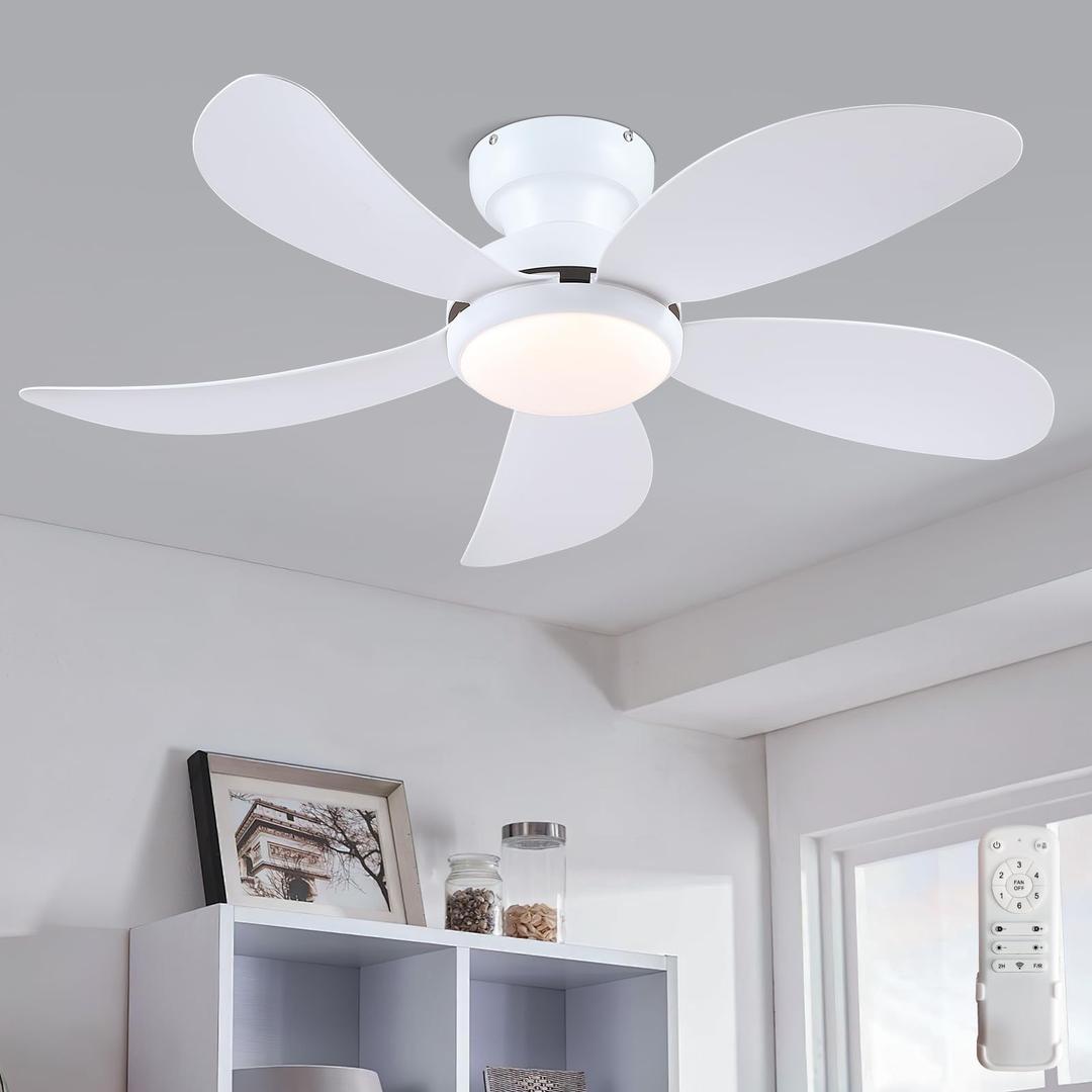 PHORUS 42" White Modern Low Profile Flush Mount Ceiling Fans with Lights