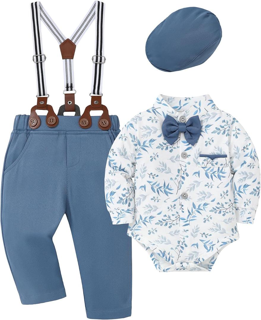 Baby Boy Clothes Suits Infant Gentleman Outfit Long Sleeve Dress Shirt+Suspender Pants+Bowtie+Beret Wedding Set 6-9M