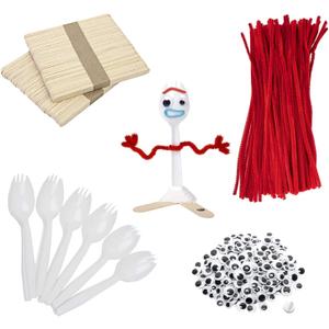 Fork Creativity Set, 100 Sets Forky DIY Creative Crafts Pack Plastic Sporks Red Pipe Cleaners Googly Eyes Popsicle Stick
