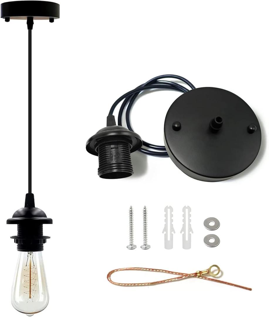 Industrial Mini Pendant Light Kit, Edison Retro Pendant, UL E26 Lamp Socket Vintage Pendant Light Cord, Mini Ceiling Hanging Light Fixtures, Adjustable Hanging Light Kit for Kitchen, Black