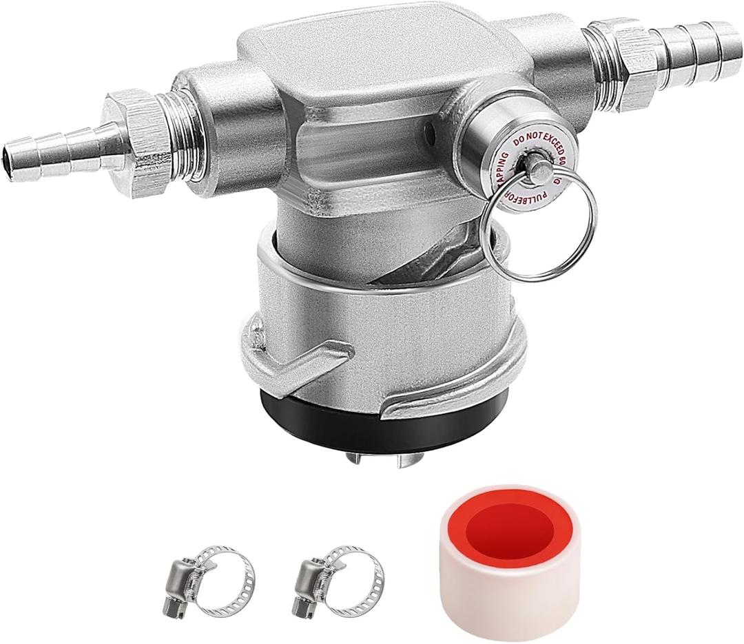 Low Profile S Type Keg Coupler, All 304 Stainless Steel S Type Keg Tap Space Saving Twist-Activated Homebrew European Keg Coupler with Safety Pressure Relief Valve Connection Tape Hose Clamp