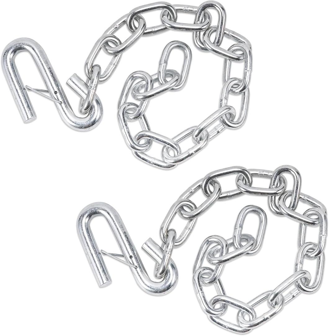 1/4"x24" G30 Safety Chain 3,500lbs S-Hook for Boat Trailer Tow 2PK | Grade 30 alloy steel, galvanized rustproof, spring-loaded S-hook secures boat/RV/truck trailers. WLL 3,500lbs, 24" length