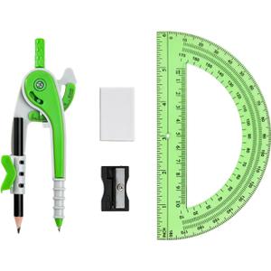 4 x Unjoo Compass for Geometry Set, 6 Inch Protractor, Clear Plastic (Green)