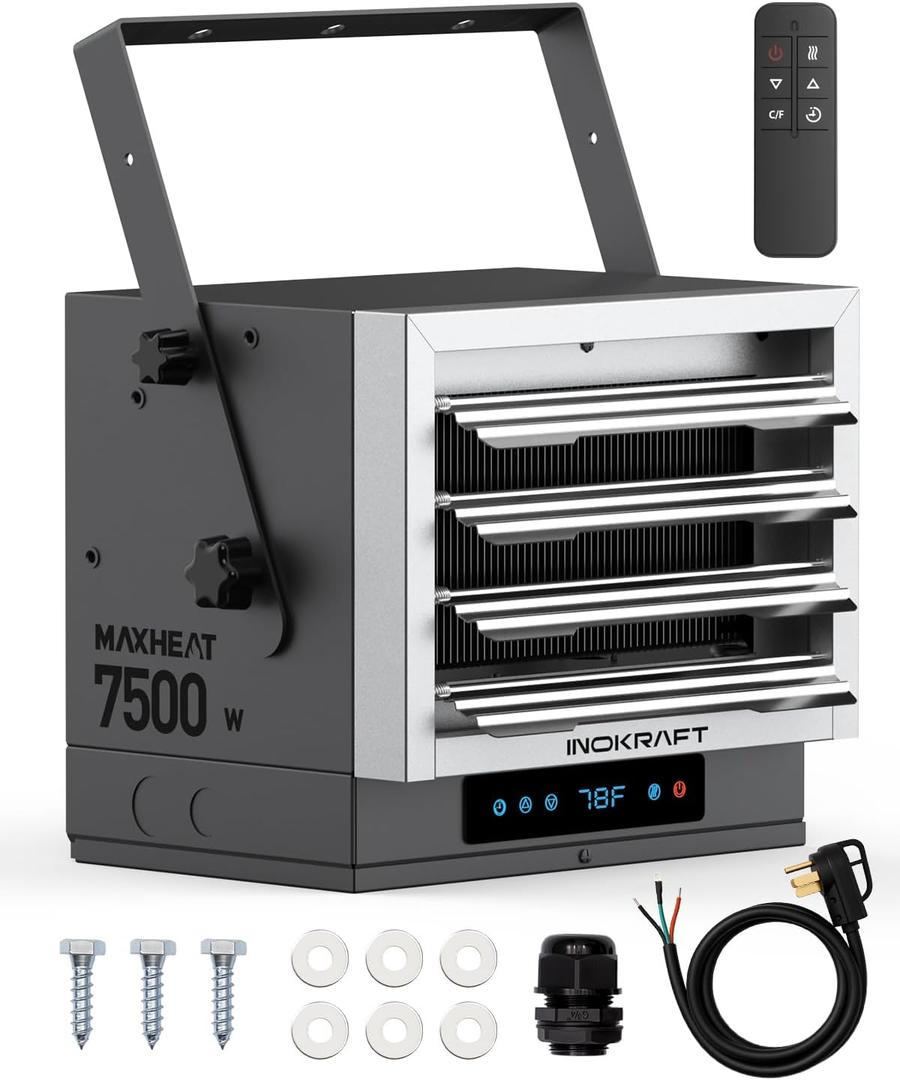 InoKraft 7,500W Electric Garage Heater, Wire: 8 AWG, Plug: NEMA 14-50P, Remote, Ceiling Mount, Digital Thermostat, 240 Volt, 24-Hour Timer, Overheat Protection, ECO Mode, Ideal for Garage