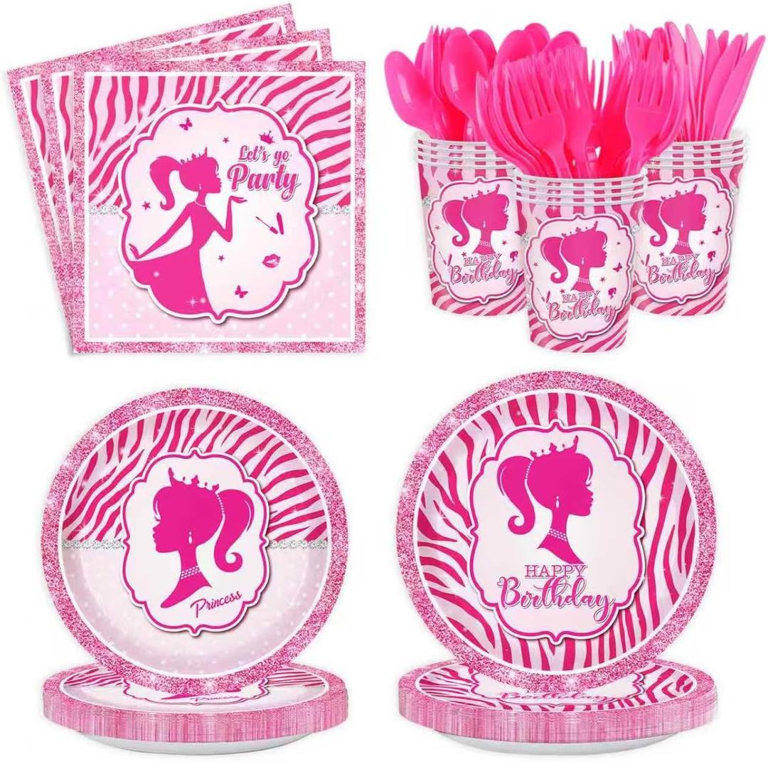 Pink Princess Party Supplies Kit for 24 Guests - 168 Pcs Disposable Tableware Set Includes Plates, Napkins, Cups & Cutlery for Girls Birthday Party Decorations