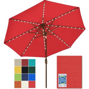 EliteShade USA 10-Year-Non-Fading 9ft Market Patio Umbrella, Commercial Grade Table Sun Umbrella with 80 Solar LED Lights, Crank Open, Windproof & UPF 50+ UV Protection for Garden, Deck, Pool, Backyard, Logo Red