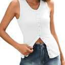 Ribbed Tank Tops for Women - Sleeveless Blouse Crew Neck Button Down Vest Shirts Slim Fit Summer Casual Basic Top (XX-Large, White)