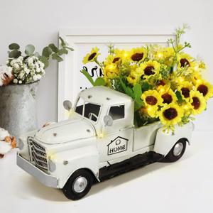 OurWarm Vintage White Truck Decor with Sunflowers Artificial Flowers Farmhouse Table Decor, LED String Lights Metal Truck Sunflower Decor for Home Rustic Farmhouse Tiered Tray Decor, Table Top Decor (1white)
