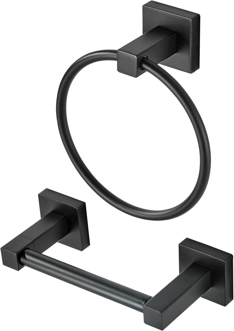 WOLIBEER Black Toilet Paper Holder Towel Ring, Matte Bathroom Hand Towel Holder Toilet Roll Holder, Modern Bath Hardware Set Wall Mounted Stainless Steel 2 Pieces