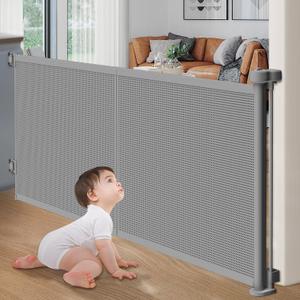 Upgrade Retractable Baby Gates, 35" Tall Extends up to 60" Wide, Mesh Dog Gate Indoor for Stairs, Outdoor Reinforced Pet Gate with Support Rods for Doorways Hallways Kitchen Bedroom, Grey