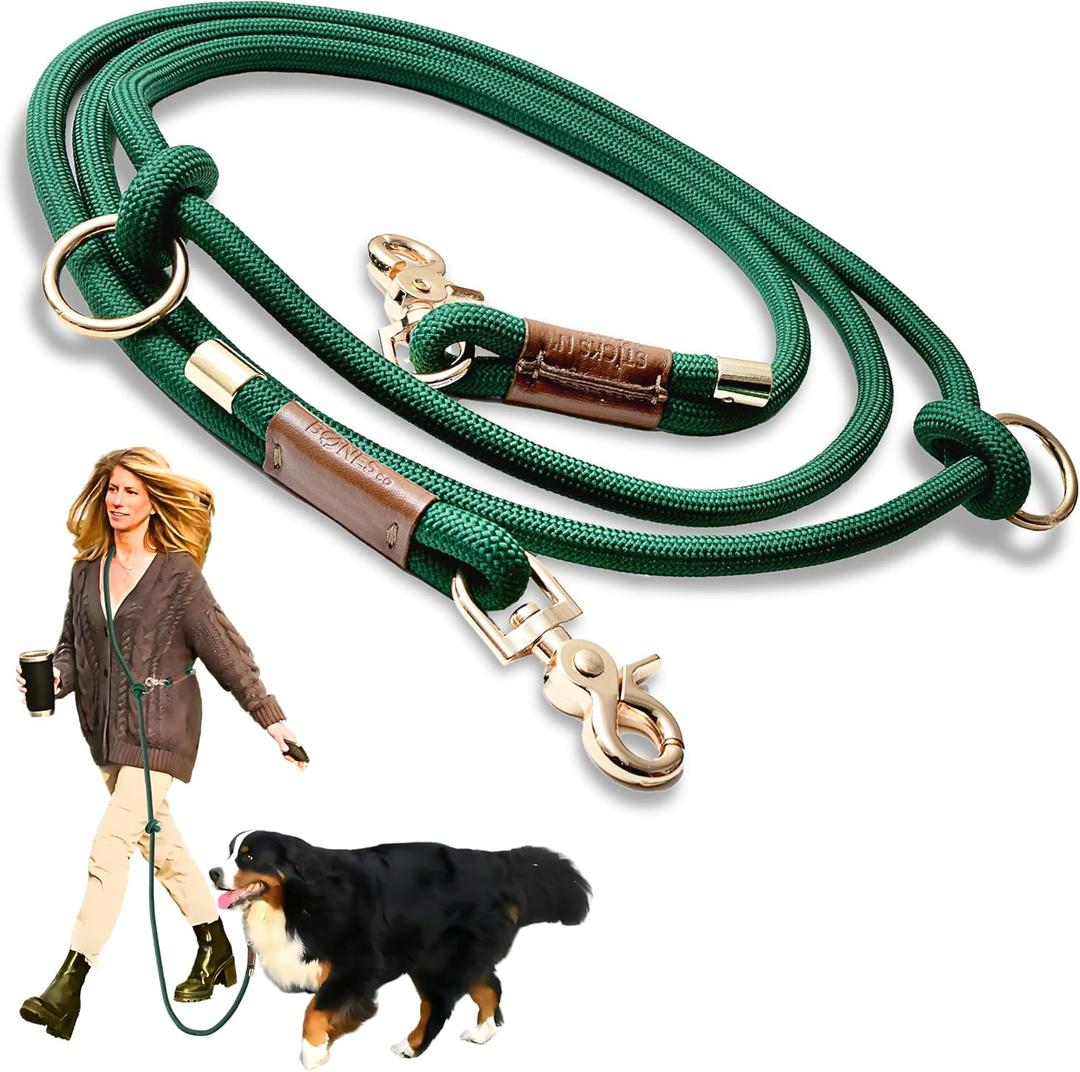 Hands Free Dog Leash, Waist Leash for Dog Walking, Running, Crossbody, Multifunctional, 2 Dogs, Dual Handle, Traditional Lead, Adjustable Lead 4.3ft - 7.5ft, 3/8" (10mm) Diameter. (Hunter Green)