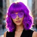 Purple Wavy Bob Wig with Bangs Heart Sunglasses for Women, 14 Inch Colored Neon Party Hair Replacement Curly Wigs Shoulder Length with Hair Cap for Carnival Costume Cosplay Bachelorette Party