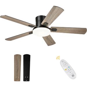 AUTELO 52" Ceiling Fans with Lights, Farmhouse Low Profile Ceiling Fan with Light and Remote, 3CCT 24W Flush Mount Ceiling Fan with 5 Blades and Reversible DC Motor for Living Room, F3698 BK (Black)