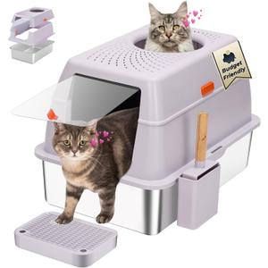 Stainless Steel Litter Box with Lid, SUS304 Metal Cat Litter Boxes, Enclosed Extra Large Kitty LitterBox High Wall, Jumbo Cat Toilet with Triple Pedal, Non-Sticky, Anti-Leakage (XL Purple)