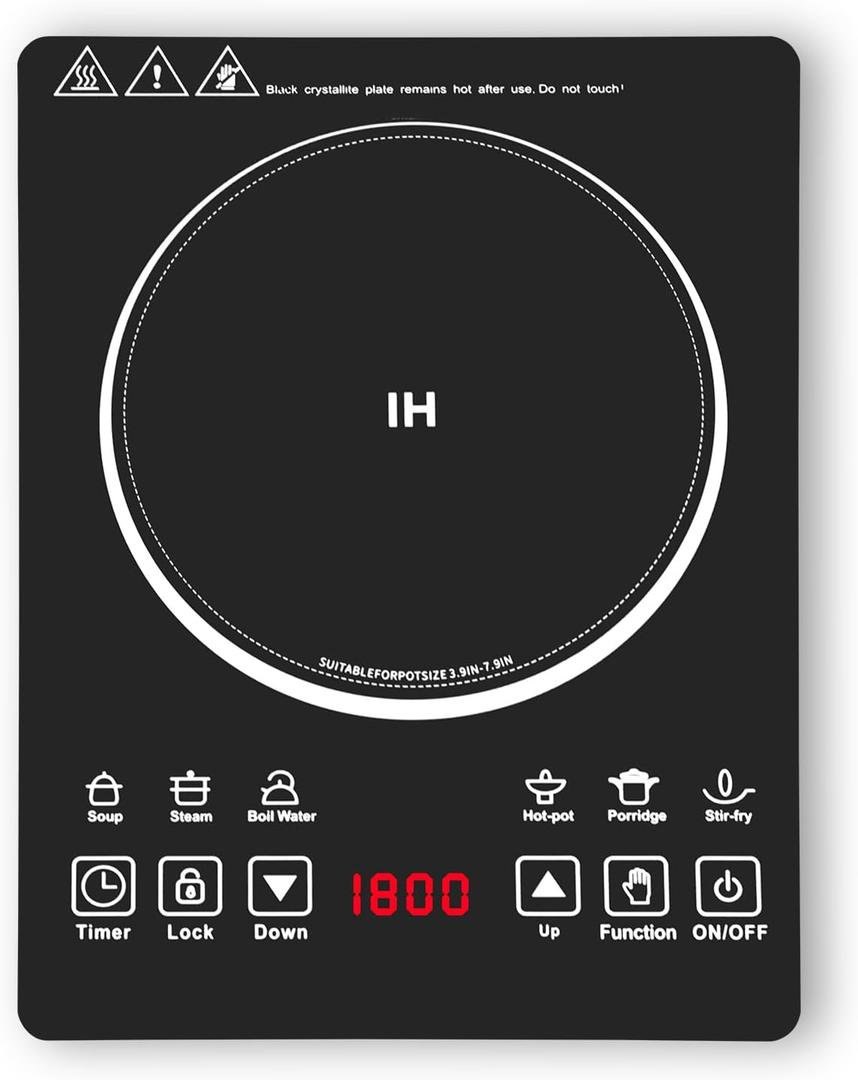 Wesonorous Single Burner Induction Cooktop, Hot Plate with 6 Cooking Modes, portable cooktop with LCD touch control, 9 Levels &3H Timer, 1800W 110V Portable induction Cooktop
