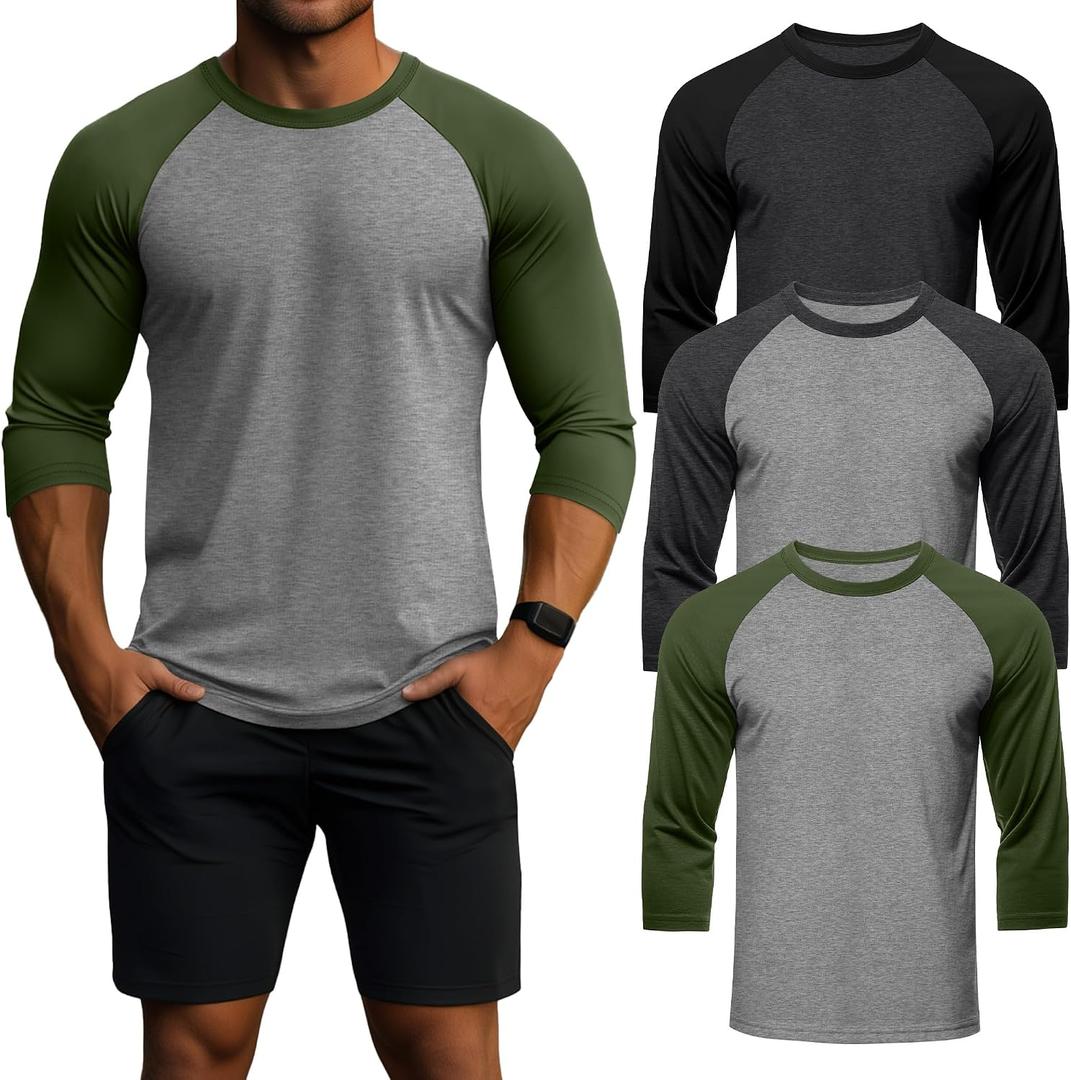 Huukeay 3 Pack Men's 3/4 Sleeve Shirts Crew Neck Baseball T Shirts Moisture Wicking Athletic Tops M