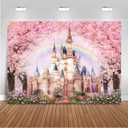 Mocsicka Floral Castle Backdrop Princess Castle Pink Sakura Forest Rainbow Flowers Floral Fantasy Fairy Tale Wonderland Background Wedding Birthday Party Princess Photo Studio Props (10x8ft)
