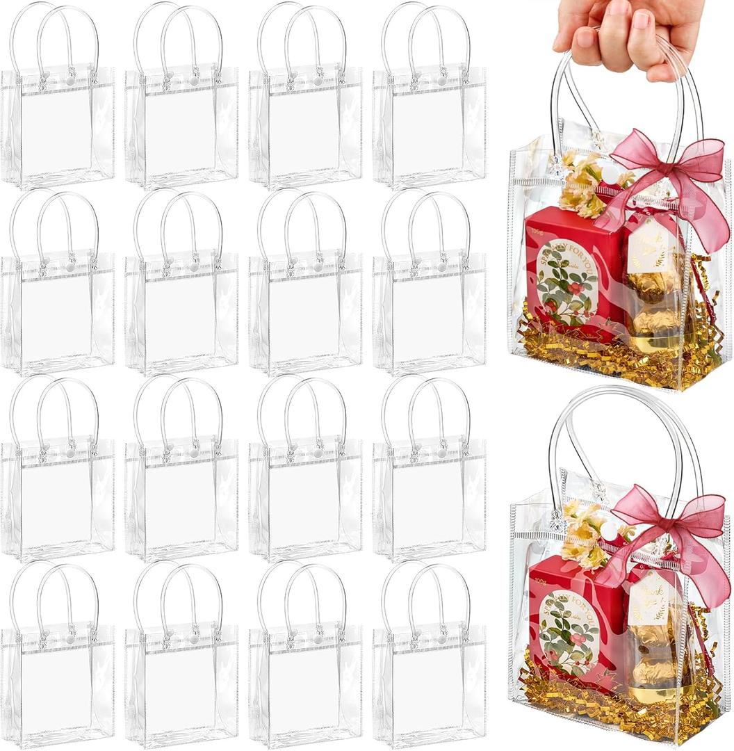 Jutieuo 50 Pack Clear Plastic Gift Bags with Handles, Reusable Transparent Party Favor Bags PVC Goodie Bags Bulk for Wedding, Baby Shower, Birthday (4.9" x 5.9" x 2.8")