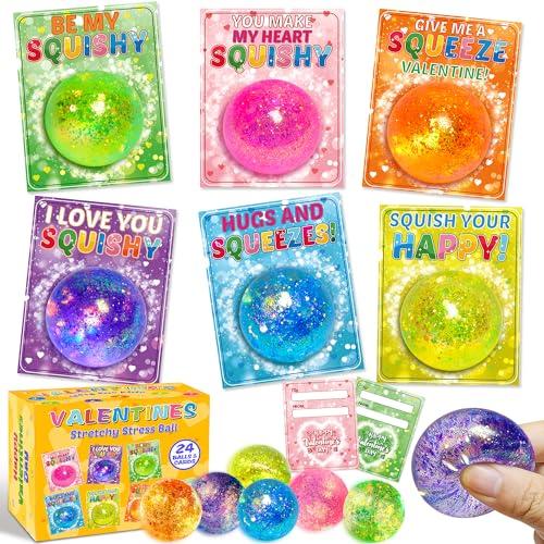 24 Pack Valentines Day Gifts for Kids Classroom with Stress Ball, Valentines Day Cards for Kids School Stress Relief Squishy Valentines Toy, Valentines Cards for Kids Classroom Exchange Party Favors