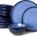 Pokini Blue Stoneware Dinnerware Set, 12 pcs Reactive Glaze Plates and Bowls Sets, Handmade Round Dishes Set for 4, Highly Chip and Crack Resistant Modern Plate Set