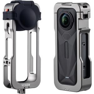 Cage for insta360 X5, Thickened Aluminum Protective Case with Silicone Lens Cover, Built-in Dual Cold Shoe Mounts & 1/4" Screw Holes, Outdoor Cycling and Skiing Camera Protection
