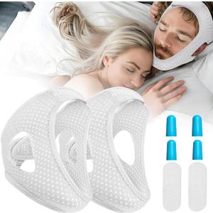 Chin Strap for Sleeping User, Anti Snore Chin Strap to Keep Mouth Closed, Airflow Jaw Strap for Sleep Anti Snoring Chin Straps for Men Women Stop Snoring Strap with Earplugs (2pack) (White)