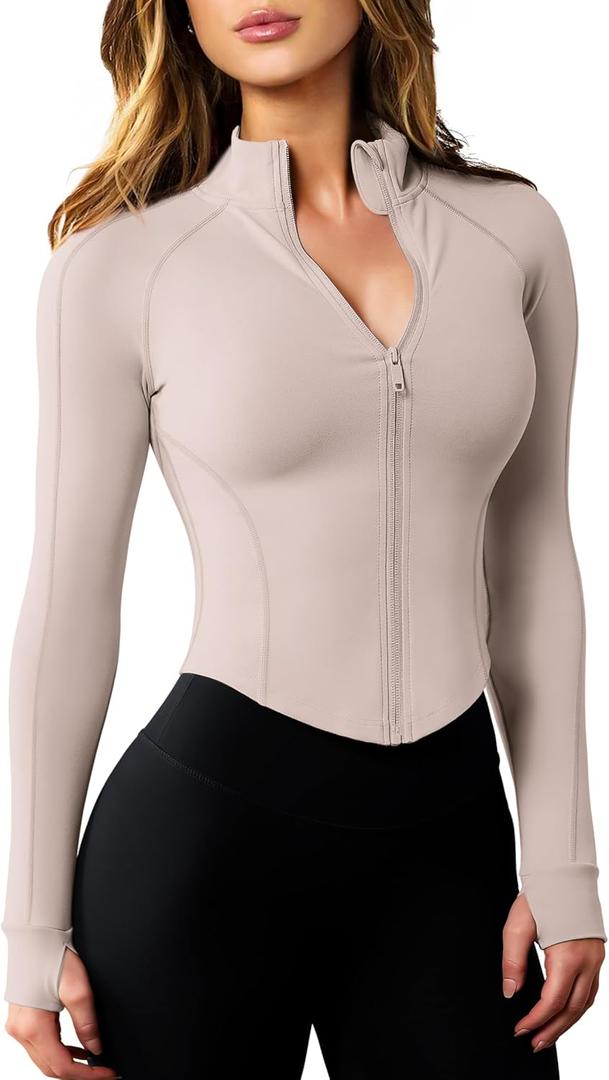 AVGO Women's Workout Jacket Lightweight Zip Up Cropped Yoga Jackets Slim Fit Athletic Tops with Thumb Holes (Medium, Almond)
