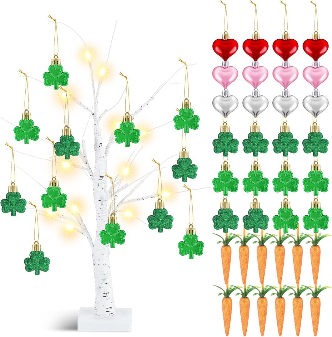 Valentine‘s Day Tree Decor 24 Inch Lighted Birch Tree with 23  Pcs Tree Ornaments 12 Valentines Heart Ornaments 12 St Patrick's Day Shamrocks Ornament