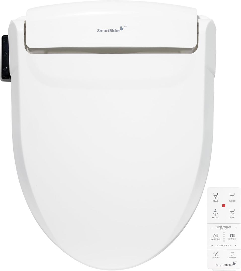SmartBidet SB-1000WE Electric Smart Bidet Toilet Seat with Heated Seat, Warm Air Dryer, Temperature Control Wash, and Remote Control, Elongated Seat