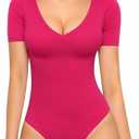 MANGOPOP Short Sleeve V Neck Bodysuits for Women, Sexy Fitted Top with Snap Closure(Rose Pink, XX-Small)