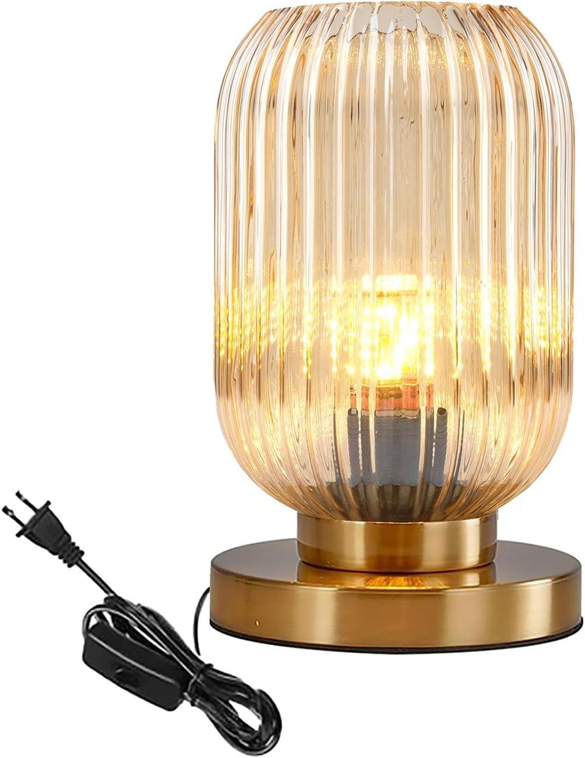 Bedside Table Lamp Mid Century Glass Table Lamps Modern Globe Table lamp Gold Desk lamp nightstand lamp with Amber Pumpkin Design with Ribbed Glass Shade for Bedroom Living Room Office