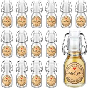 Queekay 20 Pcs Mini Flip Top Glass Bottle with Stoppers Decorative Swing Top Bottles with Lids Kraft Adhesive Round Stickers for Homemade Vanilla Extract Wedding Themed Party Favors(2 oz)