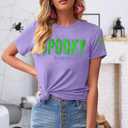 Halloween Shirts Women: Embroidered Spooky Season T Shirt Retro Spooky Graphic Short Sleeve Tops (Purple, L)