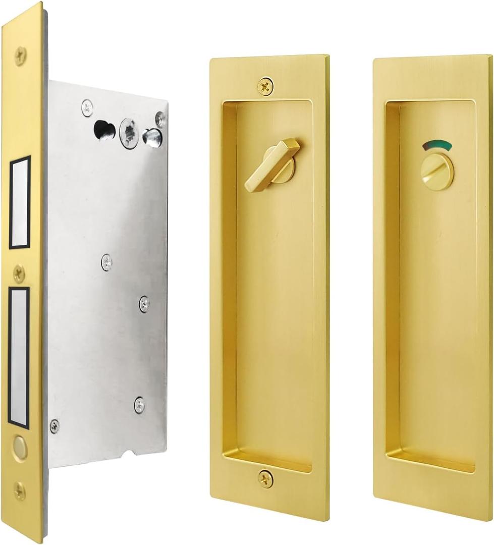 Pocket Door Privacy Lock with Indicator No Keys Brushed Gold - Modern Rectangular Hardware, Finger Flush Pulls with Edge Pull for Sliding, Folding Doors