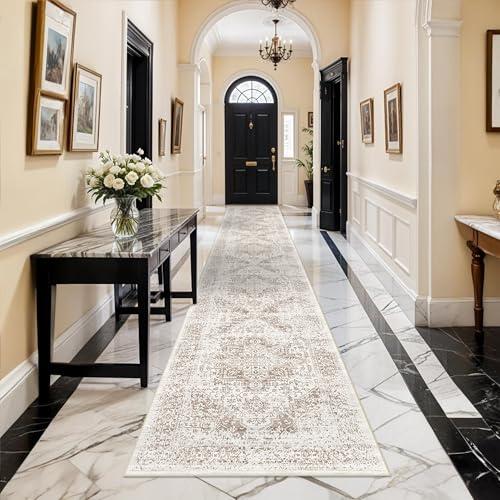 Washable 2'6''x16' Runner Rug - Non-Slip Vintage Runner Rug for Entryway Low-Pile Medallion Long Rugs for Hallway Waterproof Traditional Runner Rugs Indoor Thin Rug for Kitchen (Cream/Beige)