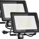 100W Motion Sensor LED Flood Light 2 Pack IP66 Waterproof Exterior Security Outdoor Flood Light with Plug Floodlights for Playground, Yard, Stadium, Lawn, Garage, Aisle, 6000K Daylight