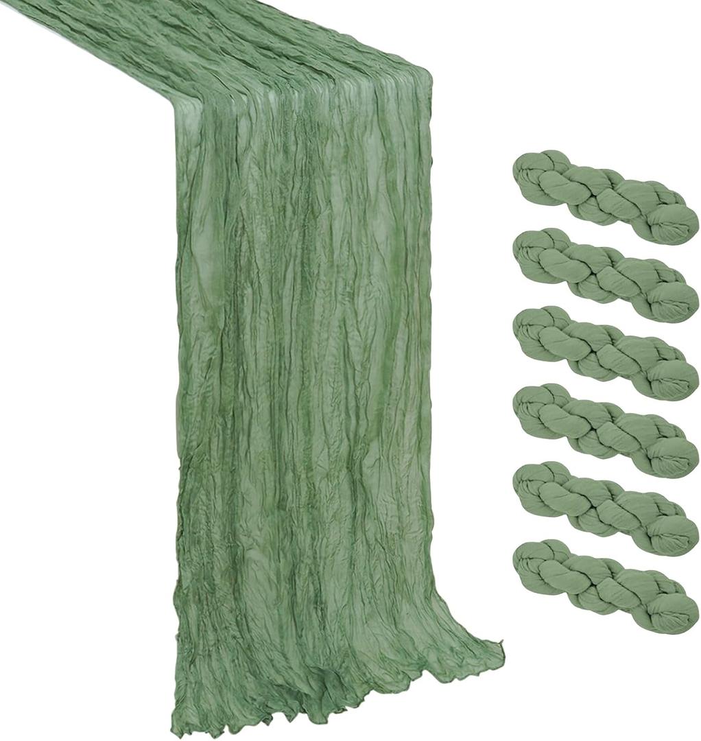 Eternal Beauty 6 Pack Sage Green Cheesecloth Table Runners - 35x120 in - 10FT Gauze Fabric Boho Table Decor - Rustic Sheer Wedding Runner for Baby Shower, Birthday Party & Special Events