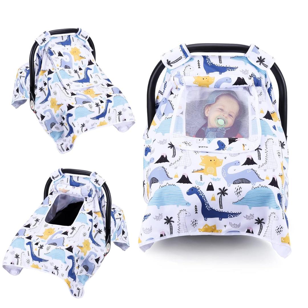 THE KENKYO Car Seat Covers for Babies, Baby Car Seat Cover for Girls Boys, Kick-Proof Newborn Carrier Canopy with Breathable Mesh Peep Window, Windproof Stroller Cover for All Seasons (Dinosaur)