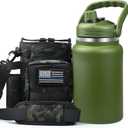 1 Gallon Water Bottle with Military Style Bottle Holder Bag Insulated Stainless Steel Water Jug for Men (Army Green)