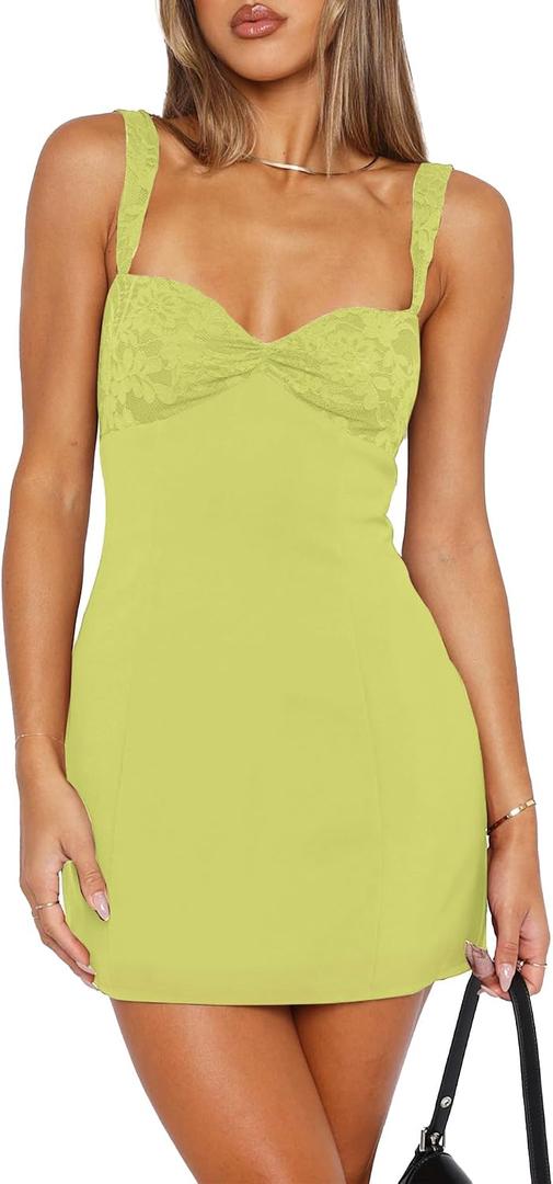 Summer Mini Dresses for Women Sleeveless Sexy V Neck Backless Lace Splicing Cocktail Party Straps Bodycon Dress (Yellow, S)