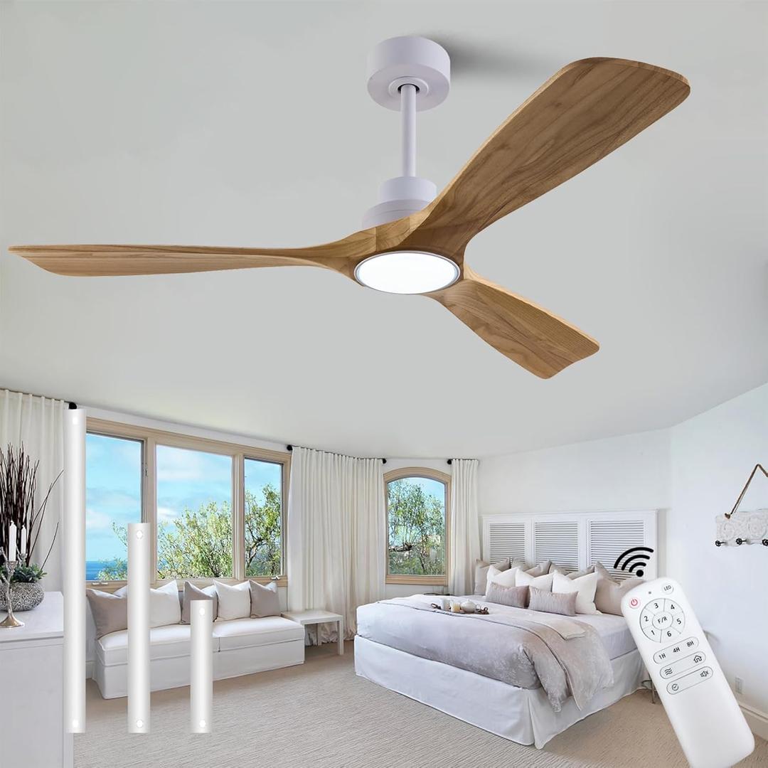 52" Wood Ceiling Fan with Lights Remote Control,Quiet DC Motor 3 Blade Ceiling Fans for Patio Living Room, Bedroom, Office,Indoor Outdoor(Raw wood+White)