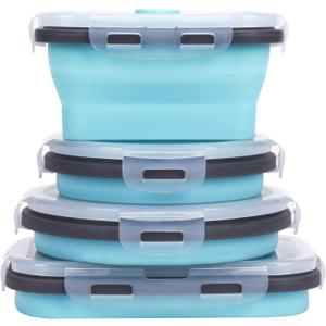 KUON Collapsible Silicone Food Storage Containers with Airtight Lids, Set of 4 Stacking Container, Microwave and Freezer and Dishwasher Safe, with Vent Valve, BPA Free (350ml and 500ml)