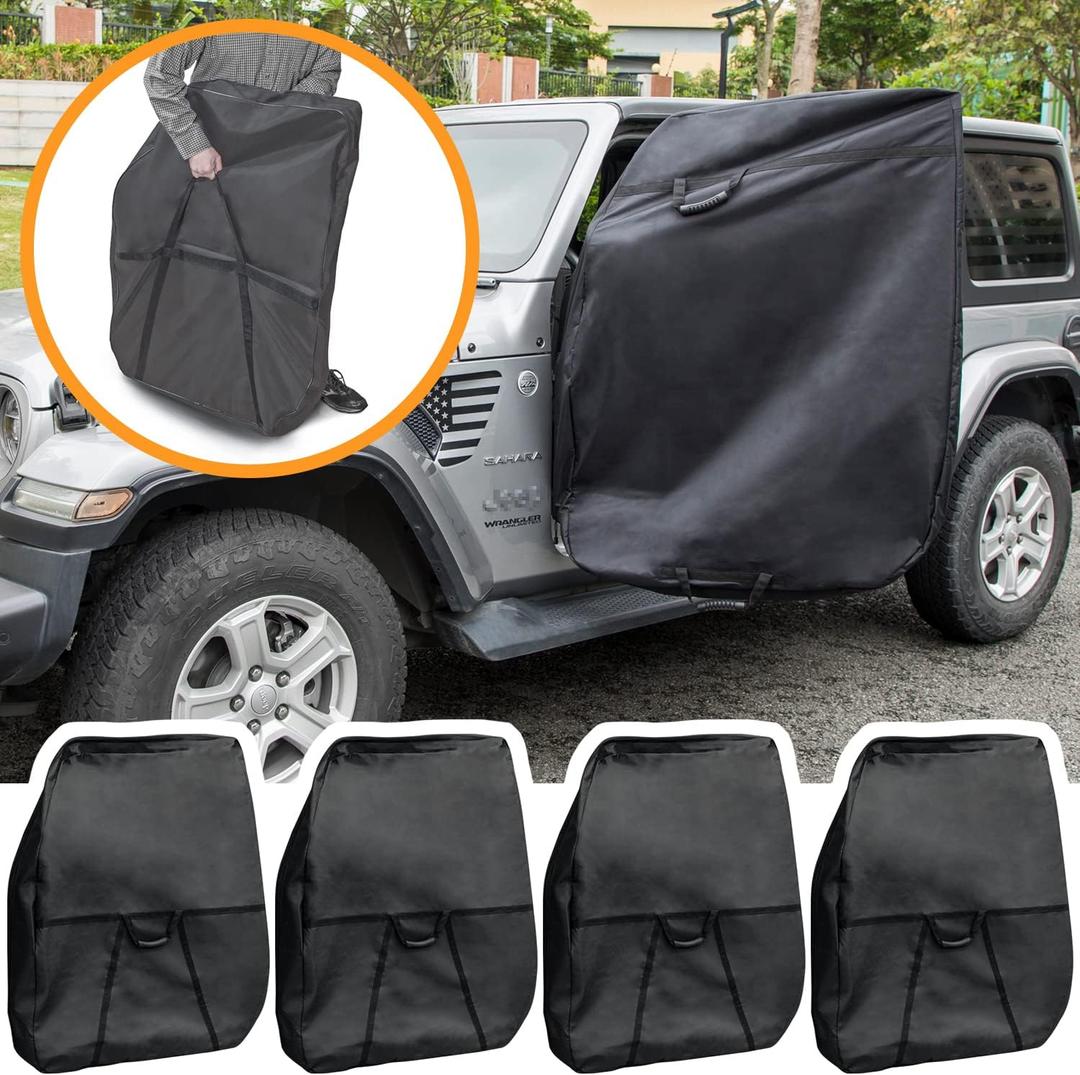 13110001 Hard Door Storage Bag with Handle for 1976-2023 Jeep Wrangler JK JKU JL JLU TJ YJ CJ Sports Sahara Freedom Rubicon Unlimited Gladiator JT 2-Door 4-Door (Black 4 Pack)