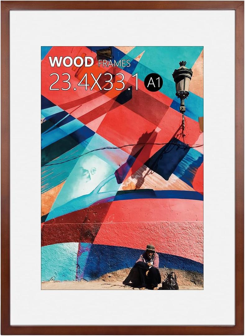 A1 Frame,23.4 x 33.1 Poster Frame Natural Soild Wood Picture Frames with Polished Plexiglass,Easy to Hang,Display Picture A1 without Mat or A2 with Mat for Wall Mounting Horizontally and Vertically (Brown)