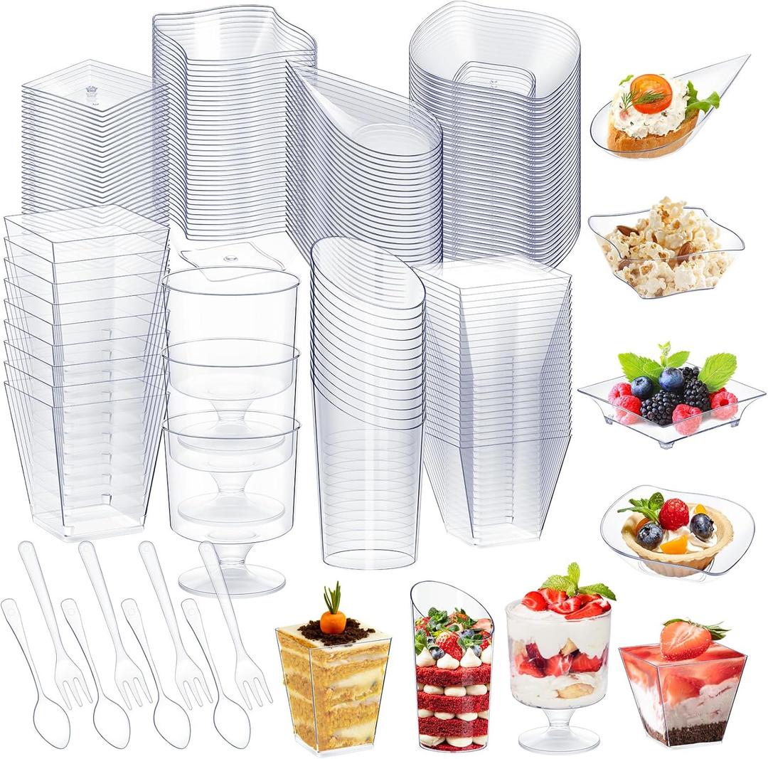 Tessco for you 800 Pcs Mini Appetizer Plates Dessert Cups Spoons Forks Set Dessert Containers Assorted Shape Plastic Parfait Cups Disposable Spoon Forks for Party Serving (Clear)