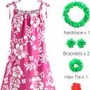 ZIW Girls Pinkish-Red Tropical Cosmos Flower Sundress Kids Hawaiian Costume with Luau Party Accessories Halloween Costumes (11-12 Years)